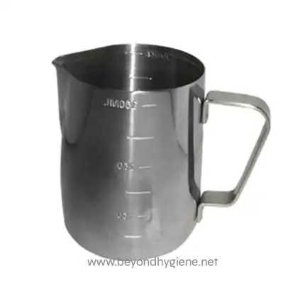 Stainless steel measuring jug used for precise liquid measurements in hygiene and cleaning protocols.