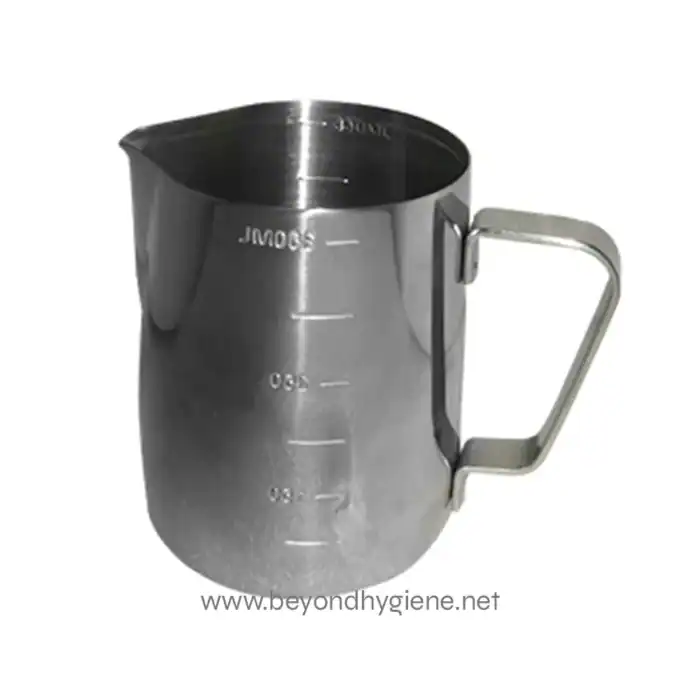 Stainless steel measuring jug used for precise liquid measurements in hygiene and cleaning protocols.