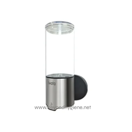 Dispenser for hand sanitizer or soap with stainless steel base and transparent container, ideal for hygiene and cleanliness in Asian facilities.