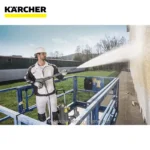 Karcher pressure washer cleaning exterior wall with spray nozzle on scaffolding outdoor cleaning kagamitan industrial cleaning equipment.