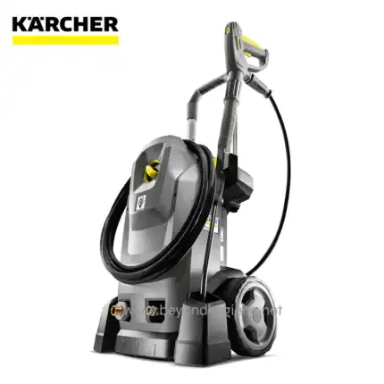 Karcher pressure washer machine, industrial cleaning equipment, outdoor power washer, heavy-duty cleaning tool, with hose and wheels for efficient surface cleaning.