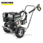 Karcher pressure washer on a mobile cart, ideal for industrial cleaning and hygiene maintenance. Perfect for commercial cleaning needs, with durable wheels and powerful engine for deep cleaning tasks.
