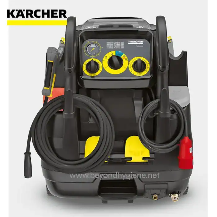 Karcher high-pressure washer for professional cleaning, featuring adjustable spray settings and durable hoses, ideal for industrial and commercial hygiene applications.