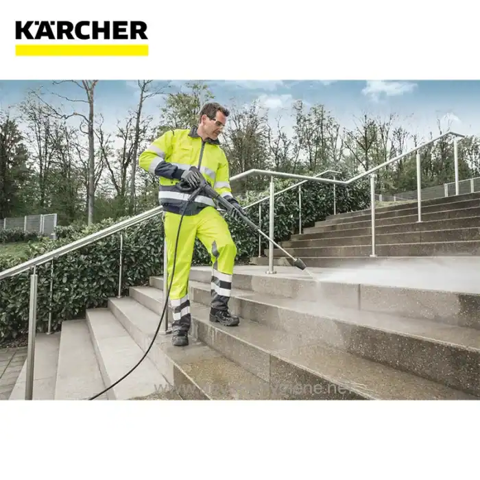 Karcher pressure washing cleaning outdoor stairs at Beyond Hygiene Asia, professional power cleaning services for commercial and residential surfaces.