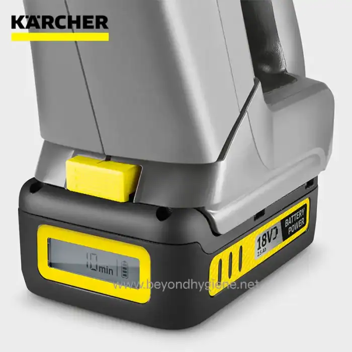 Karcher battery-powered floor scrubber, 18V lithium-ion, compact cleaning machine for commercial use.