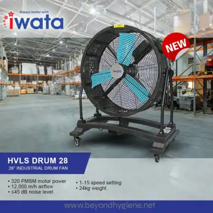 HVLS industrial drum fan for large-scale ventilation, 28-inch size, with 320 PMSM motor, adjustable speed, lightweight design, low noise, ideal for warehouses and factories.