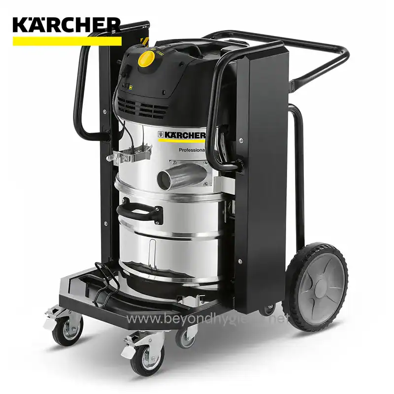 Kärcher professional wet and dry vacuum cleaner used for industrial cleaning and hygiene maintenance. Suitable for commercial and hospitality sanitation needs.