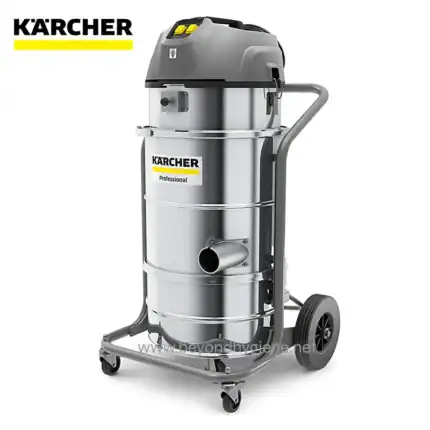 Karcher industrial vacuum cleaner for commercial cleaning, durable stainless steel construction, mobile cart with wheels, essential equipment for hygiene and sanitation professionals.