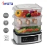 Stainless steel food steamer with transparent compartments for vegetables, eggs, and fish, featuring digital controls, 1000W power, 60-minute timer, and 14.1L capacity for healthy cooking.