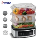 Stainless steel food steamer with transparent compartments for vegetables, eggs, and fish, featuring digital controls, 1000W power, 60-minute timer, and 14.1L capacity for healthy cooking.
