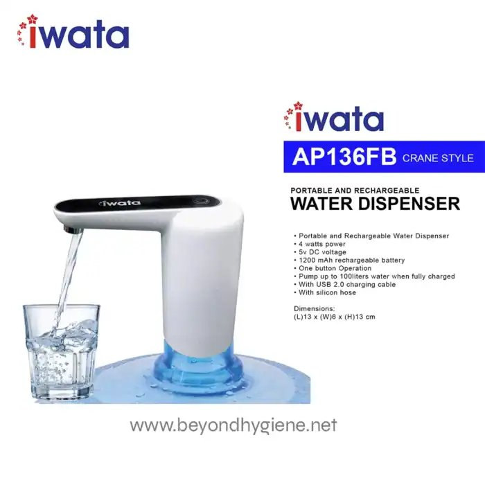 Portable rechargeable water dispenser for hygiene and sanitation, ideal for offices, homes, and public spaces, featuring USB charging, large water capacity, and easy one-button operation.