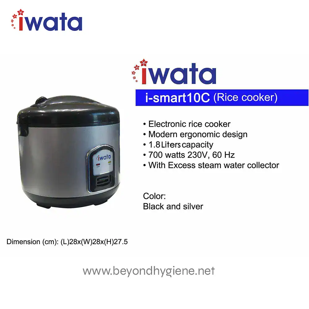 IWATA i-Smart10C (Rice cooker) (1) I-wata i-smart10C rice cooker with modern ergonomic design, 1.8L capacity, 700W power, and excess steam collector, ideal for efficient cooking in commercial and residential kitchens.