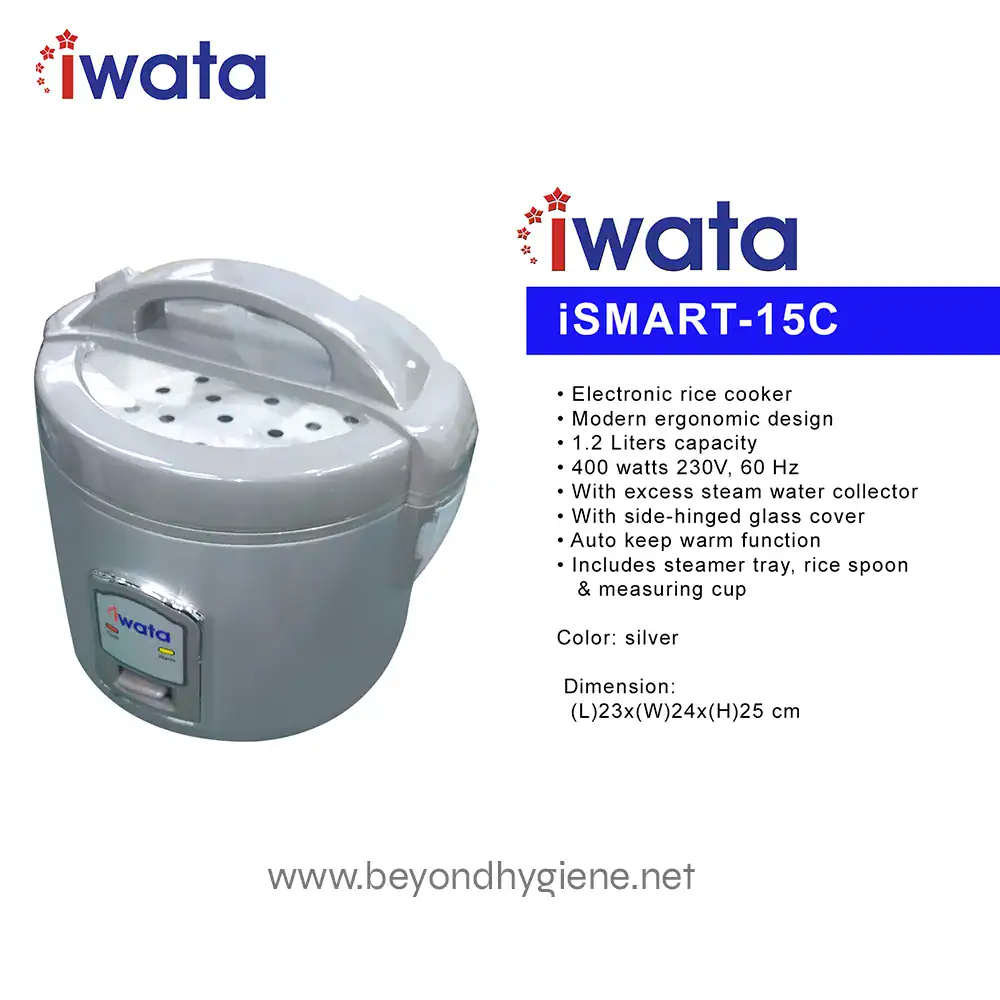 IWATA iSMART-15C (1) IWata iSMART-15C electronic rice cooker with modern ergonomic design, 1.2-liter capacity, and auto keep warm function, ideal for commercial and household use.