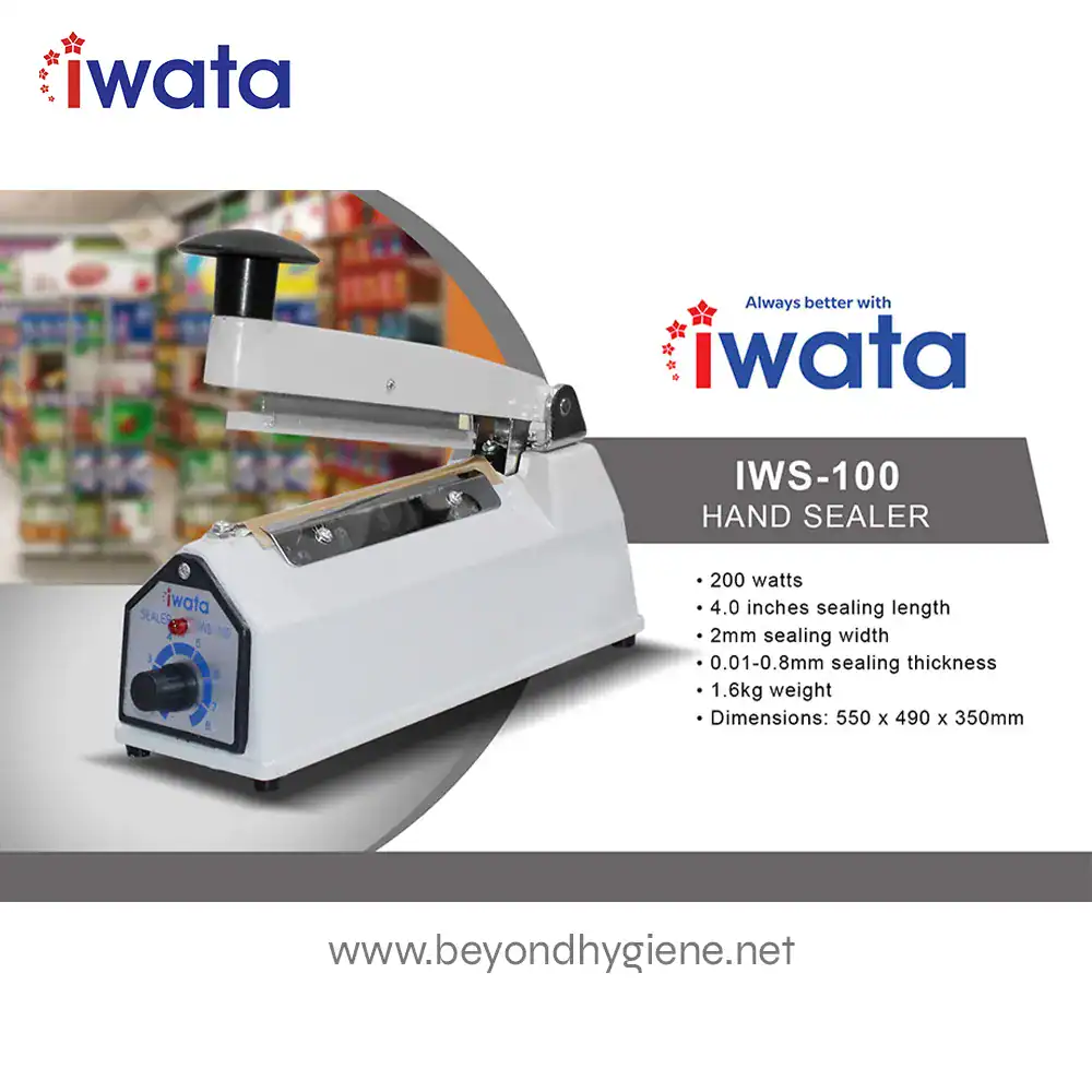 IWS-100 iMPULSE SEALER (1) Efficient IWTA IWS-100 hand sealer for packaging and sealing, ideal for hygiene and sanitation in industrial and commercial environments. The device features 200 watts power, precise sealing dimensions, and durable build.