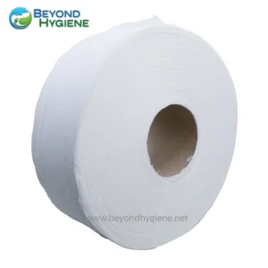 Pure white roll of commercial toilet paper, ideal for hygiene and sanitation needs. Perfect for restrooms in healthcare, foodservice, and hospitality industries.