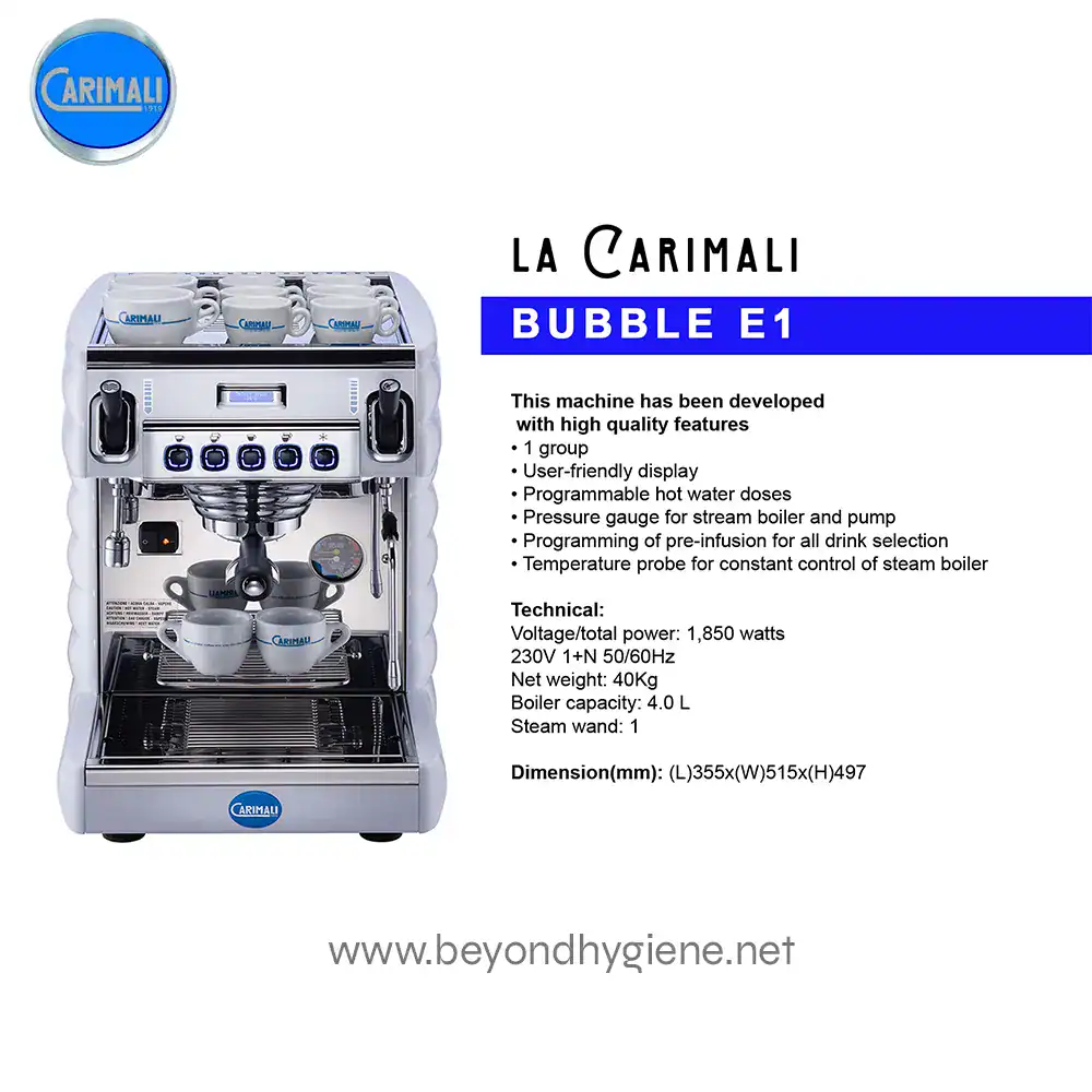 Carimali Bubble E1 commercial coffee espresso machine for hospitality, featuring programmable hot water doses and steam boiler, ideal for high-quality beverage service in Asian cafes and restaurants.