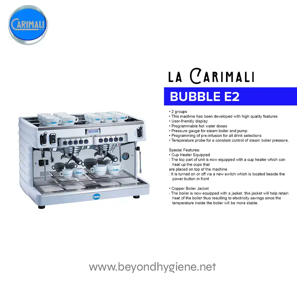 LA CARIMALI ESPRESSO MACHINE BUBBLE E2 (1) Bubble E2 coffee vending machine for commercial use, featuring programmable hot water, cup heater, and steam boiler jacket for efficient beverage service. Ideal for cafes and offices.