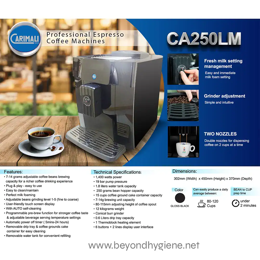 Coffee machine with adjustable brewing capacity, easy-to-use controls, dual nozzles for dispensing, and stylish black finish, ideal for cafes and office break rooms.
