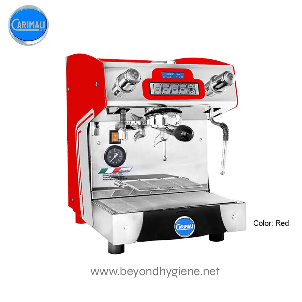 LA CARIMALI ESPRESSO MACHINE CRYSTAL E1 (2) Carimali espresso machine in red, commercial coffee brewing equipment with digital display and dual group heads for café use.