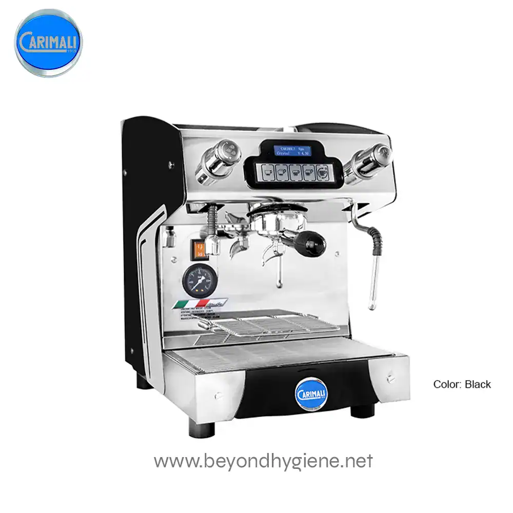 LA CARIMALI ESPRESSO MACHINE CRYSTAL E1 (3) Commercial espresso machine for coffee brewing, black color, high-quality barista equipment for cafes and restaurants.