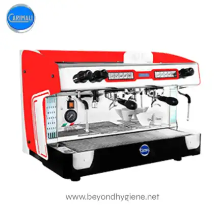 Automatic commercial espresso coffee machine with dual group heads for cafes and restaurants. Designed for high-volume coffee brewing in hospitality settings.