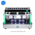 Commercial dual coffee espresso machine with digital controls, stainless steel finish, and LED lighting, ideal for cafes and hospitality settings.