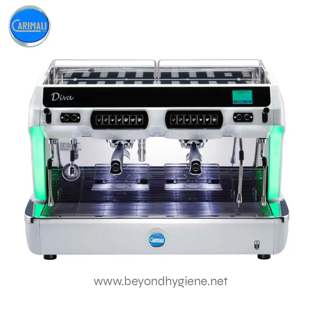 LA CARIMALI ESPRESSO MACHINE DIVA(PREMIUM MODEL) (5) Commercial dual coffee espresso machine with digital controls, stainless steel finish, and LED lighting, ideal for cafes and hospitality settings.