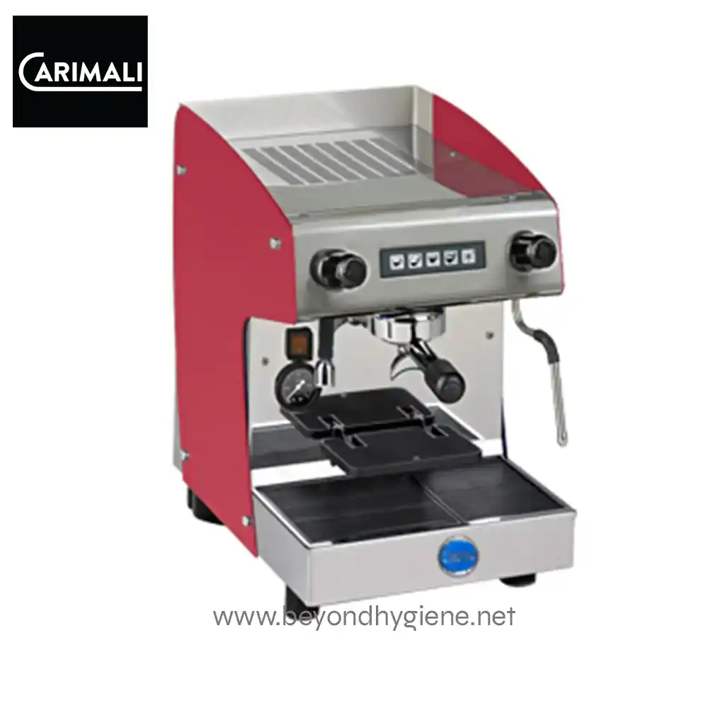 Compact commercial espresso coffee machine with stainless steel finish, dual group heads, and digital controls for efficient brewing. Ideal for cafes and coffee shops.