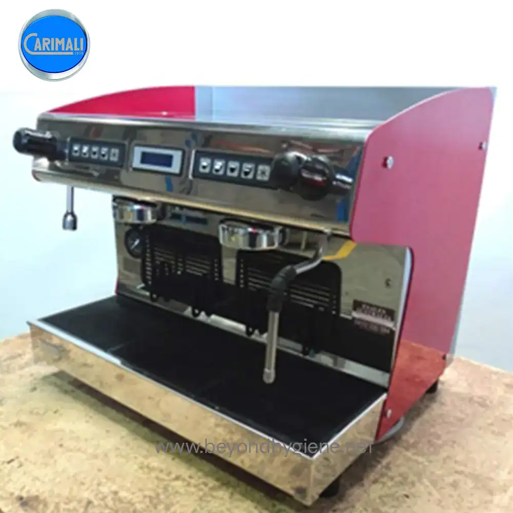 Commercial espresso coffee machine with stainless steel finish and digital controls for cafes and restaurants.