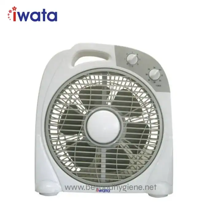 Compact white portable electric fan with adjustable speed controls by iwata, ideal for cooling and ventilation in commercial hygiene environments, suitable for use in Asia.
