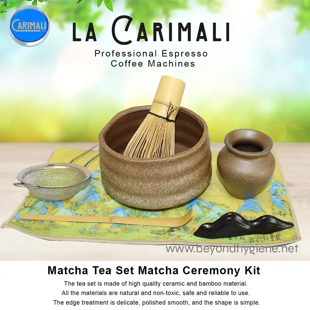 Matcha Tea Set Matcha Ceremony Kit (2) Ceramic and bamboo matcha tea ceremony set with traditional whisk, powder scoop, and bowls, ideal for authentic Japanese tea rituals and mindfulness practices.