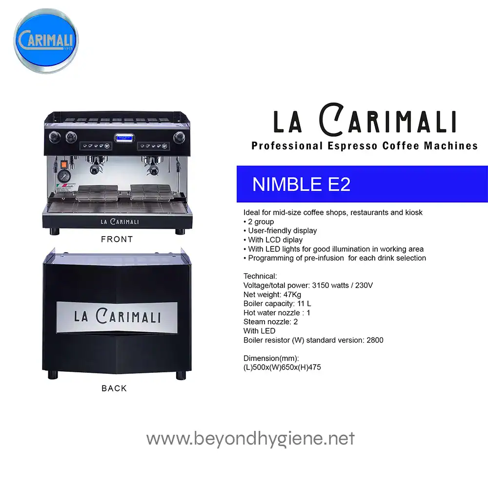 NIMBLE E2 (BLACK) (1) Nimble E2 professional espresso coffee machine for mid-size coffee shops, restaurants, and kiosks with LCD display, LED lights, programmable pre-infusion, and 2-group setup.
