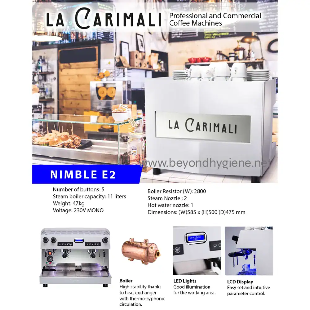 Nimper E2 commercial espresso machine for cafes and coffee shops.