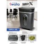 Shred-X MID cross-cut paper shredder with LED indicator, 18-sheet capacity, caster wheels, and 22.7-liter bin for office document disposal.