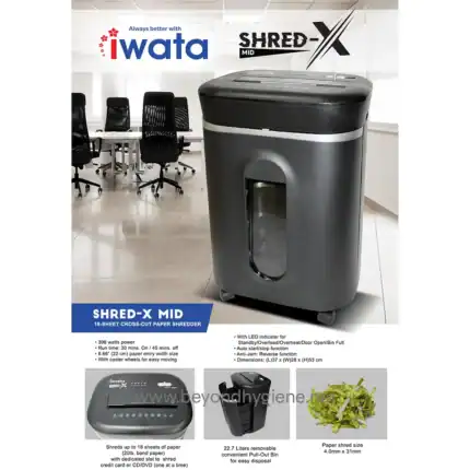 Shred-X MID cross-cut paper shredder with LED indicator, 18-sheet capacity, caster wheels, and 22.7-liter bin for office document disposal.