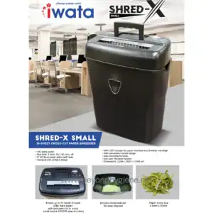 Shred-x small paper shredder for office use, compact 10-sheet cross-cut shredder with anti-jam and automatic start/stop, perfect for document security and recycling at Beyond Hygiene Asia.