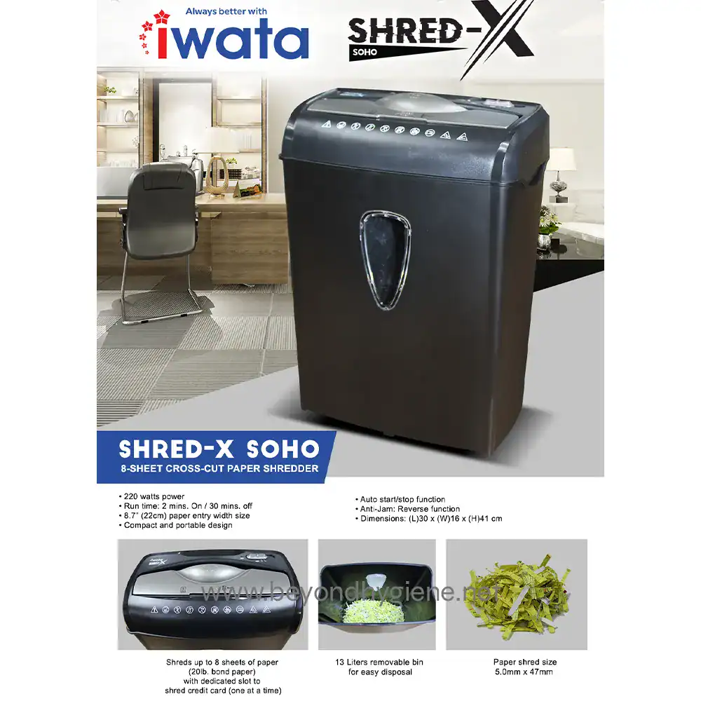 Shred-x soho paper shredder for office use, compact cross-cut shredder ideal for document security and waste disposal, with 8-sheet capacity and 13-liter bin, suitable for business environments.