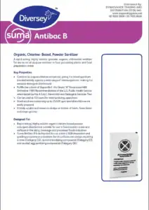 Diversey Suma Antibac B organic chlorine-based powder sanitizer for food processing plants and food preparation areas, ensuring effective disinfection and safety.