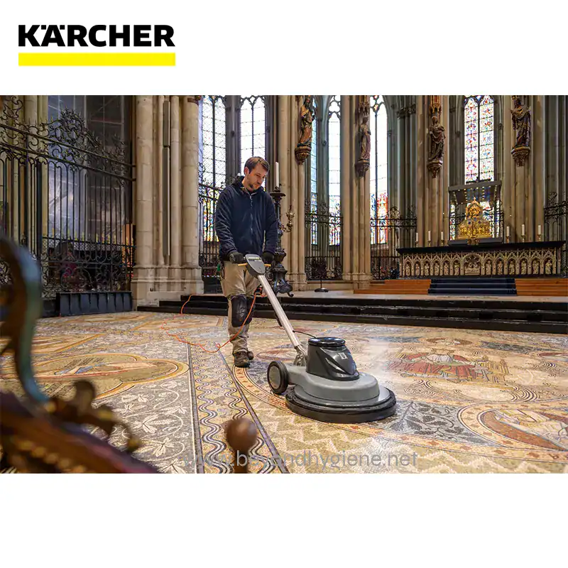 POLISHING MACHINE BDP 501500C (1) - Efficient industrial floor cleaning in historic church with Kärcher floor scrubber.