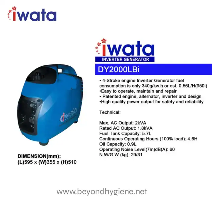 Inverter generator DY2000Li for efficient fuel consumption and reliable power supply from Beyond Hygiene Asia. Ideal for operational needs, featuring high-quality inverter technology and compact design.