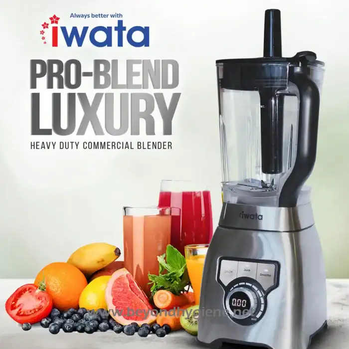 Blender image for commercial kitchen, fruit smoothies, healthy beverages, heavy duty blender, luxury kitchen appliance, Beyond Hygiene Asia, Iwata brand, professional blending equipment, commercial food processing equipment, fruit and vegetable blending, high-performance blender, food service appliances.