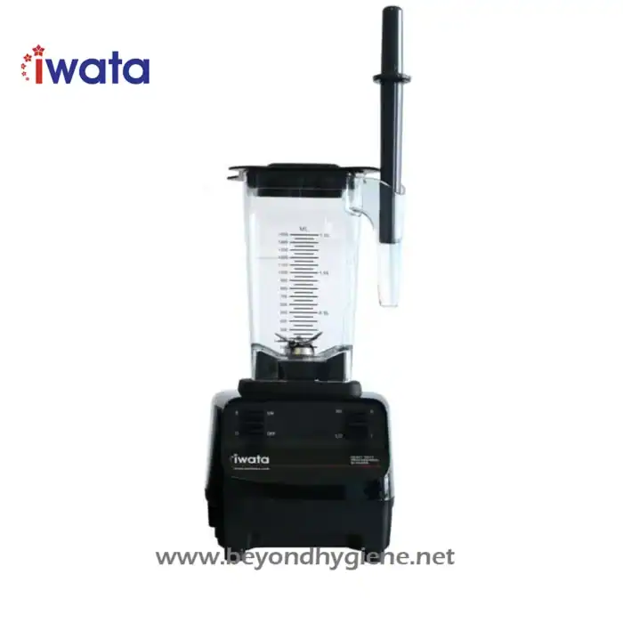 Blender with measurement markings, black base, and attached blending arm for commercial or industrial use in hygiene or cleaning environments.