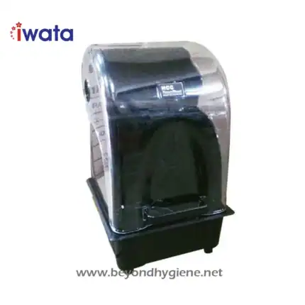 Iwata industrial hand dryer, sleek black and silver commercial hand dryer with touchless operation, ideal for public restrooms to promote hygiene and efficiency.