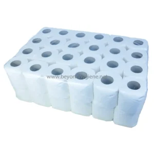 Soft white toilet paper rolls for janitorial use, bulk hygiene supplies, and commercial cleaning. High absorbency and soft texture suitable for bathrooms and sanitation facilities.