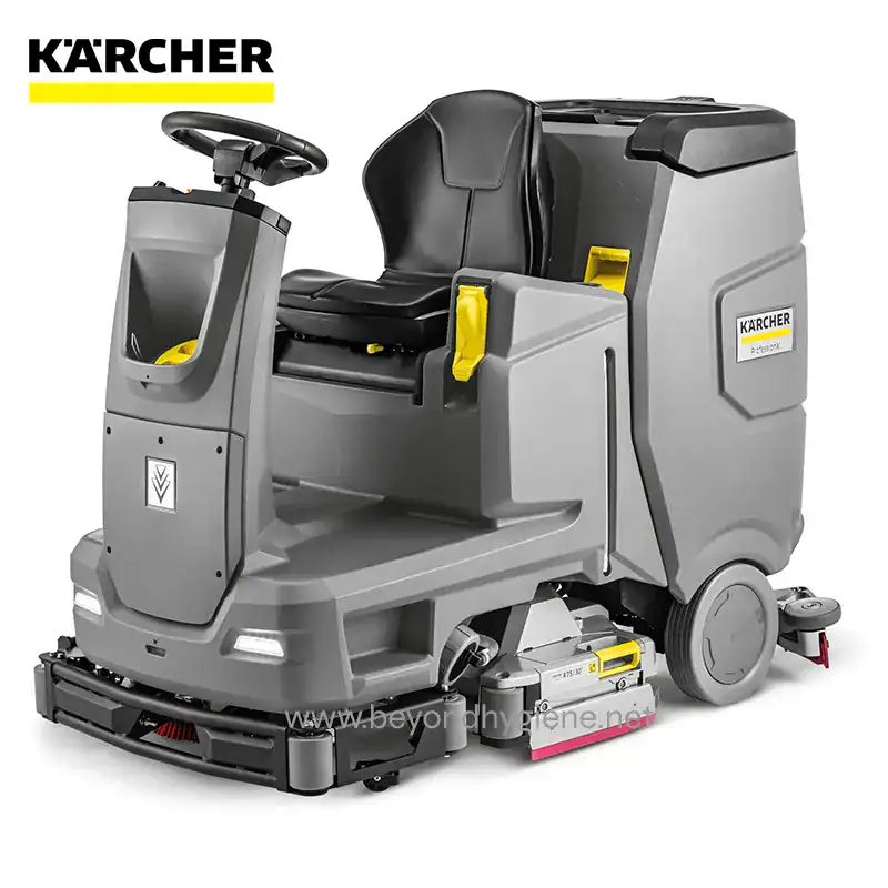Karcher ride-on floor scrubber for commercial cleaning, featuring advanced squeegee system and long-lasting battery, ideal for large-scale industrial and facility sanitation needs.