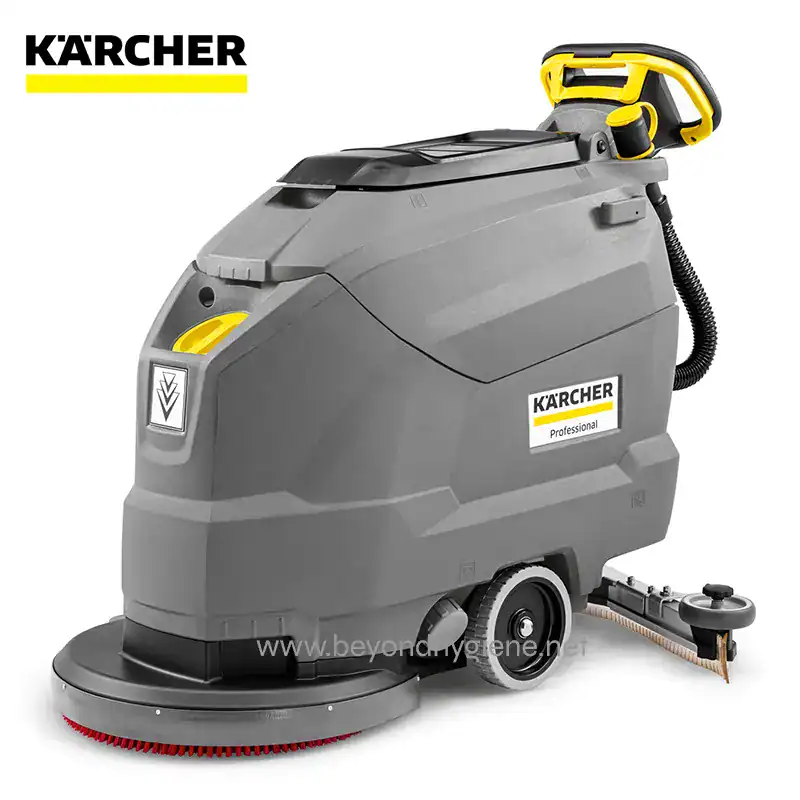 Karcher professional floor cleaning machine, industrial-grade floor sweeper with water spray for commercial cleaning, ideal for large facility sanitation.