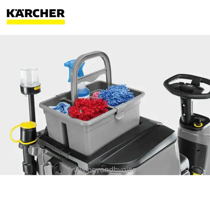 Karcher cleaning equipment with microfiber mops and spray bottles, suitable for commercial cleaning and hygiene maintenance.