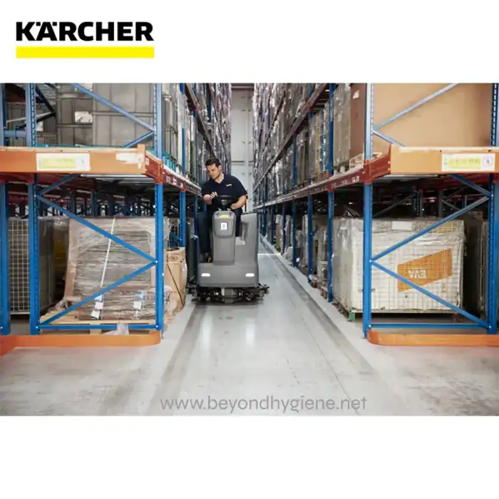 Karcher warehouse cleaning equipment in an industrial storage facility to maintain hygiene standards.