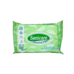 Sanicare cleansing wipes with aloe vera and vitamin E, 35+5 extra sheets, suitable for hygienic hand and face cleaning, Eco-friendly, skin-safe, and gentle on sensitive skin.
