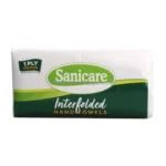 Sanicare interfolded hand towels packaging; hygiene and cleaning supplies, paper hand towels for personal and commercial use, emphasizing convenience and absorbency.